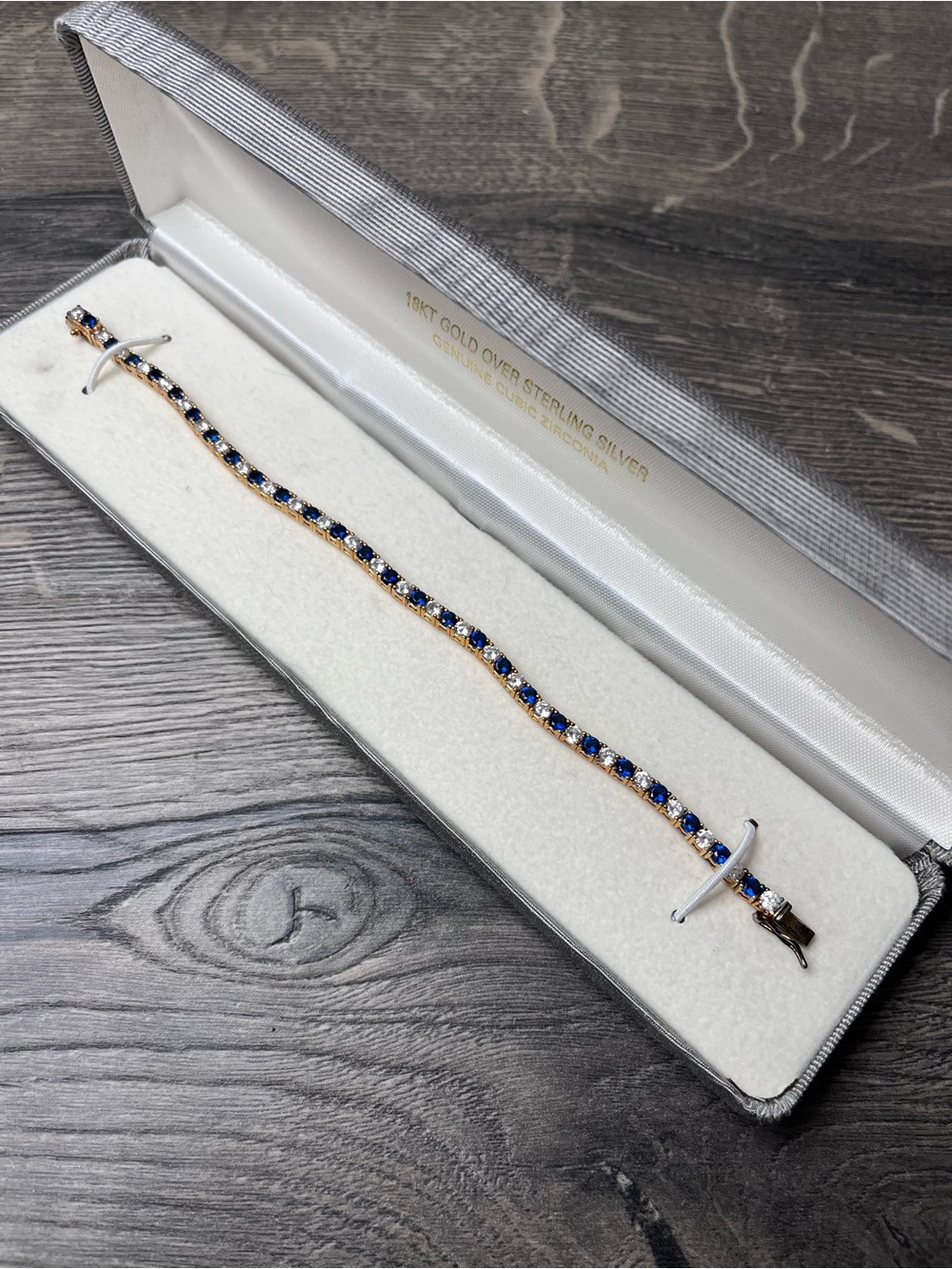 18K Gold Sterling Silver Blue White CZ Tennis Bracelet Boxed